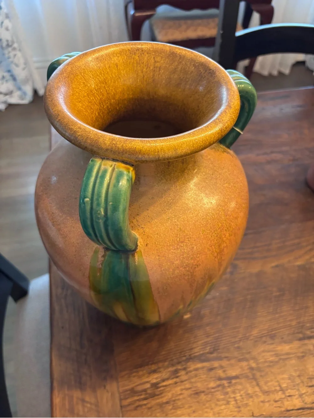 Pier 1 Handcrafted Ceramic Urn Vase with Green Drip Accents